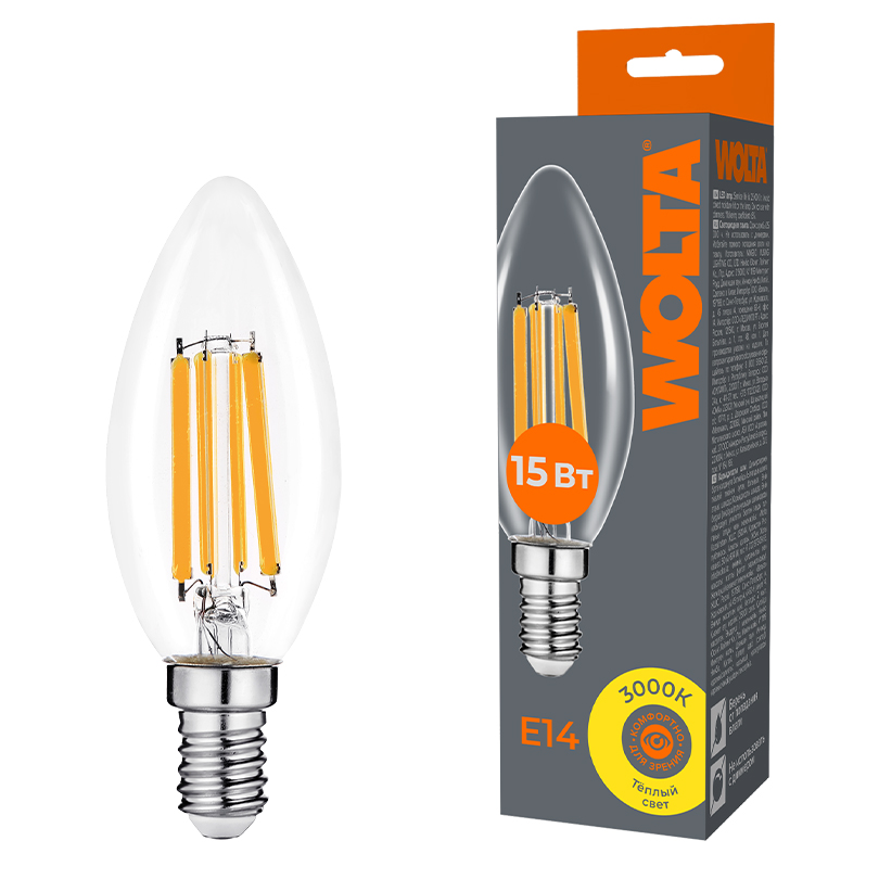 Картинка Светодиодная лампа WOLTA FILAMENT WF-C35-15W3KE14